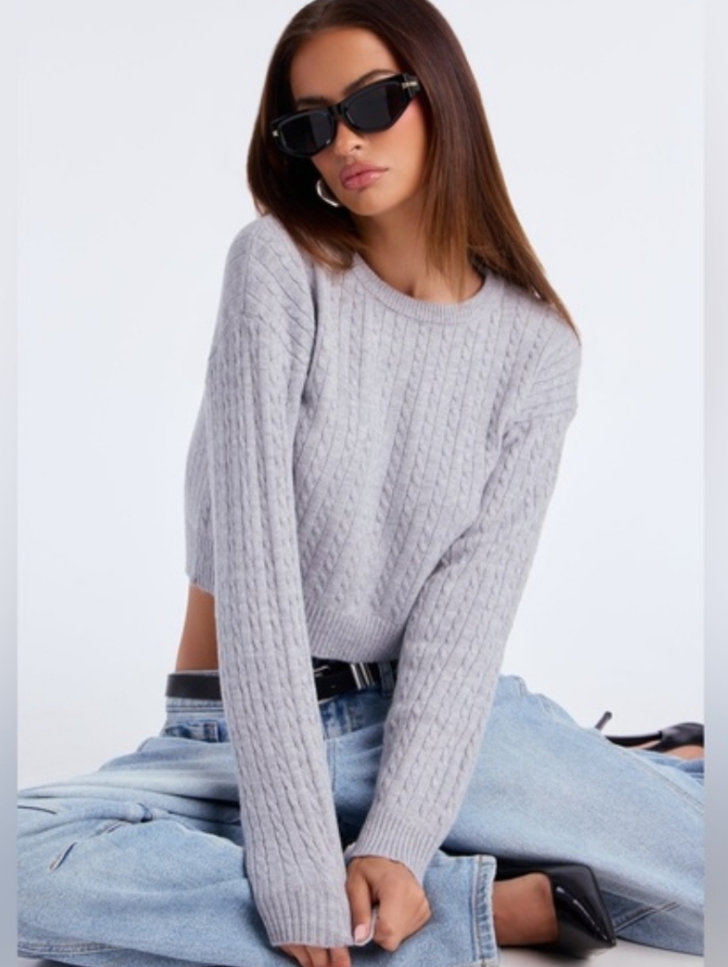 Cotton Cable Knit Cropped Light Grey Longsleeve Sweater Large